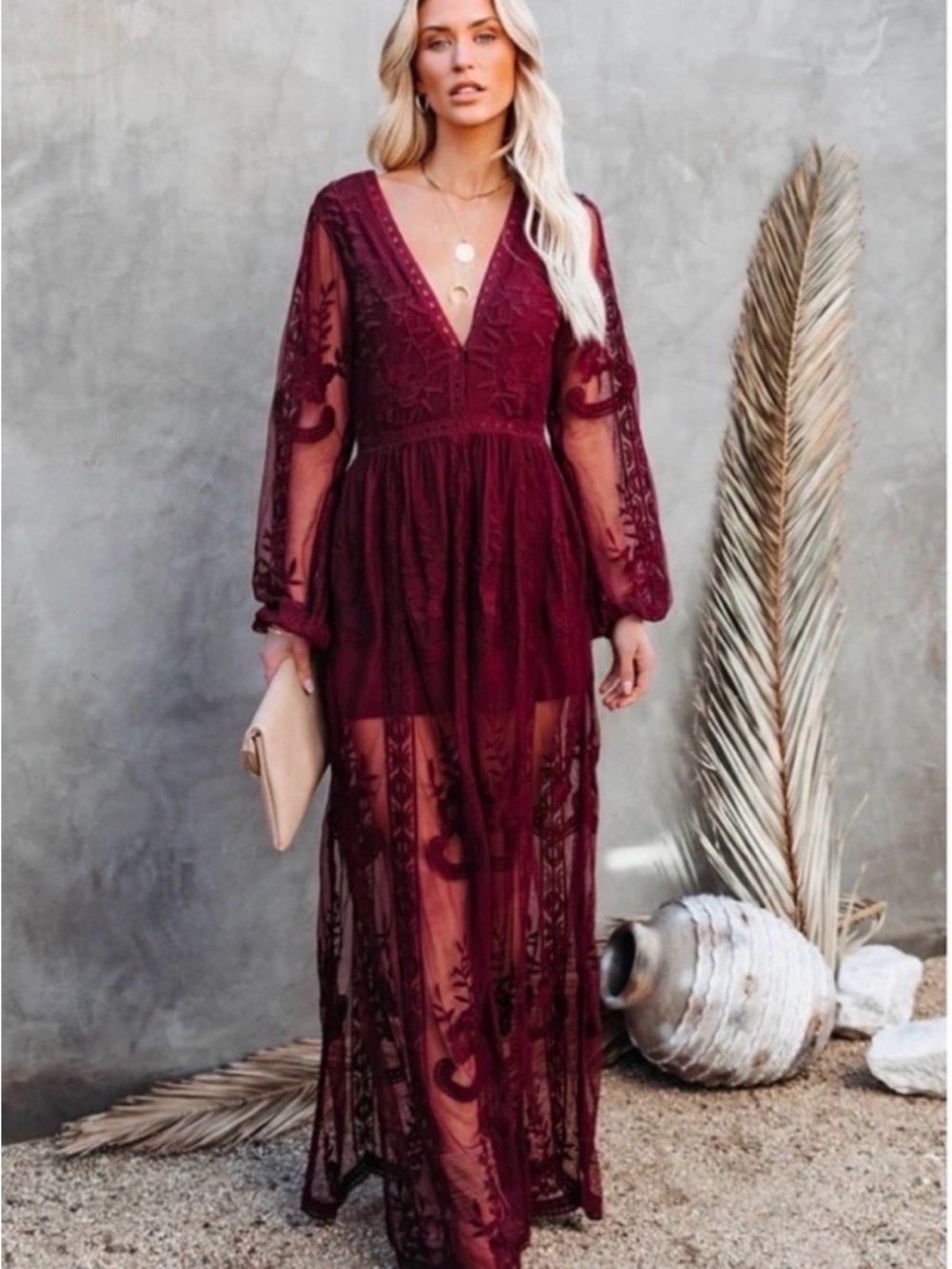 NWT Wishlist Burgundy Lace Overlay Maxi Dress with shorts V-neck Small